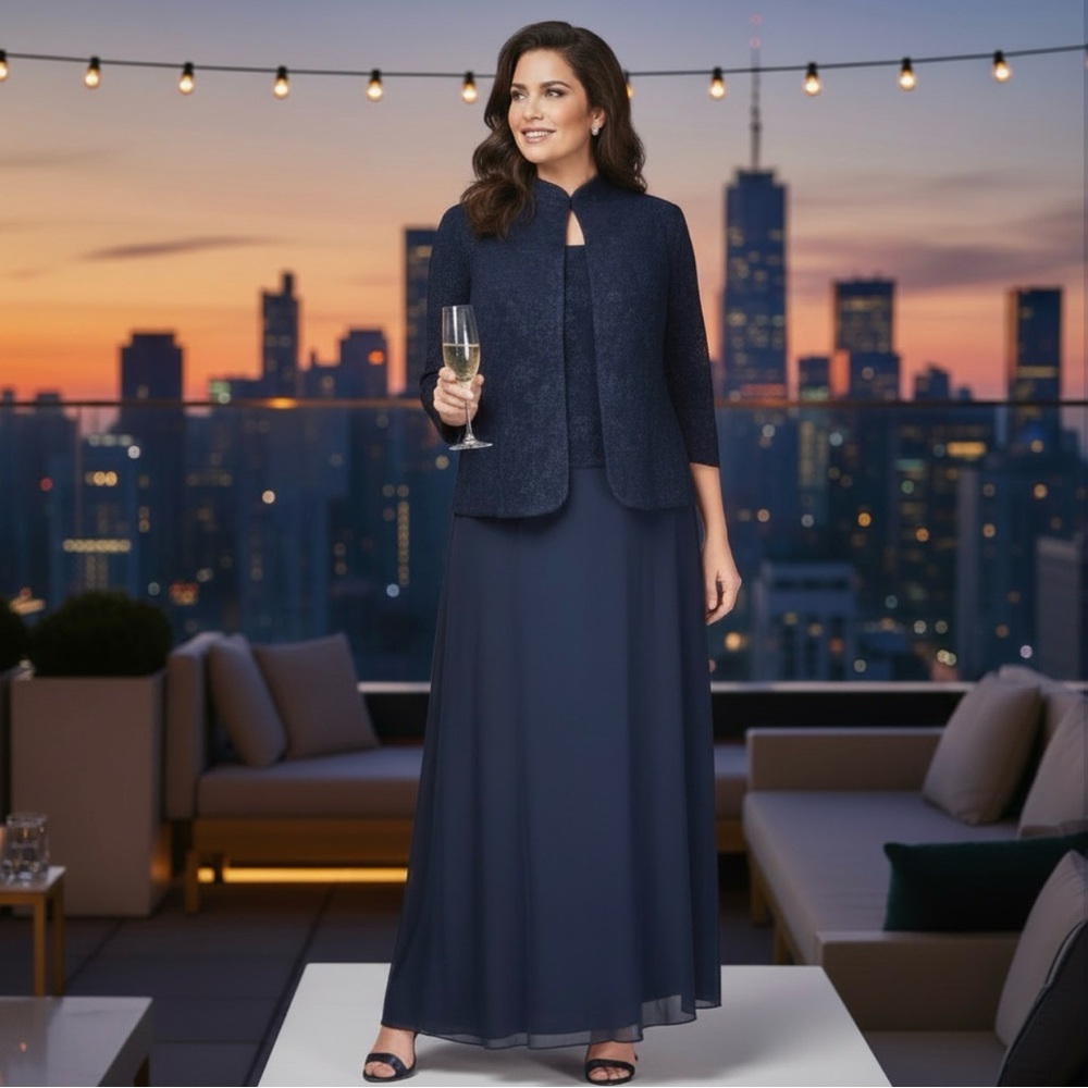 Alex Evenings 2 Piece Navy Blue Evening Gown Long Mandarin Jacket